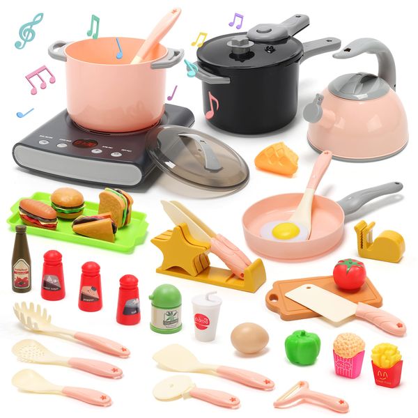 CUTE STONE Play Kitchen Accessories Set, Kids Cooking Toys Set with Play Pots and Pans, Electronic Induction Cooktop with Sound and Light, Cookware Utensils Kids Kitchen Set Kitchen Toys for Kids