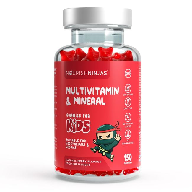 Nourish Ninjas Kids Multivitamin Gummies – 150 Count Natural Berry Flavour Kids Gummy Vitamins – Childrens Vitamins Vegan Multivitamin with Minerals – Non-GMO, No Gluten, No Preservatives