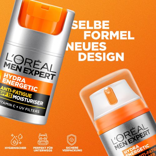 L'Oréal Men Expert Face Care with SPF 15 for Men, Invigorating Moisturising Cream 24H Anti-Fatigue with Sun Protection, Face Cream for Men with Vitamin C and Proteins, Hydra Energy, 1 x 50 ml
