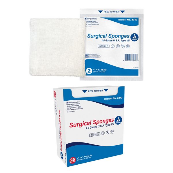 Dynarex Surgical Gauze Sponges - Absorbent Cotton Fabric with Folded Edges - Soft, Durable, Individually Wrapped Dressing - 4x4", 12-Ply, Sterile 2's - Box of 25 Pouches, 2 Sponges Per Pouch