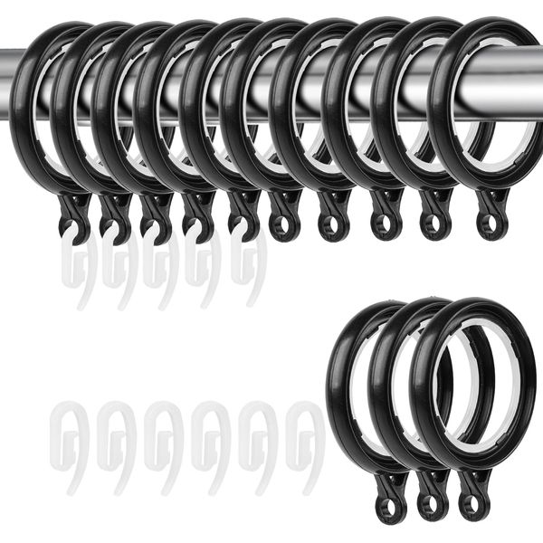 40 Pack Curtain Rings and Hooks, KissDate Black 36mm Hanging Rings Hooks Plastic Black Curtain Rings with Hooks for Hanging Curtains Drape Sliding Eyelet Rings