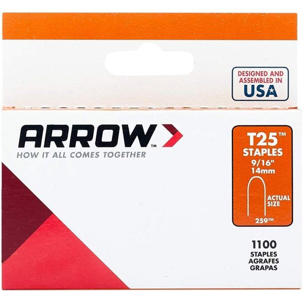 Arrow 259 9/16" Narrow Round Crown Staples Fits T25/T2025 Staple Guns, 1000-Pack