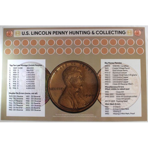 Lincoln Penny Hunting and Collecting 11" x 17" Coin Roll Sorting Laminated Mat