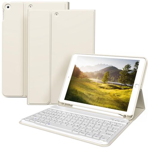 kenke Keyboard Case for iPad 10.2" 9th Generation 2021/ 8th Gen 2020 / 7th 2019 Detachable Wireless Bluetooth Keyboard Cover Thin & Light with Left Side Pencil Holder Auto Wake/Sleep (Cream
