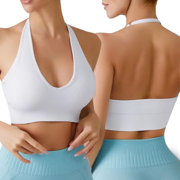 Sport BH Damen Sexy Neckholder Rückenfrei Tiefer V Ausschinitt Backless Sport BH ohne Bügel Gepolstert Push Up Bra Seamless Verstellbare Träger Mid Impact Support Fitness Yoga