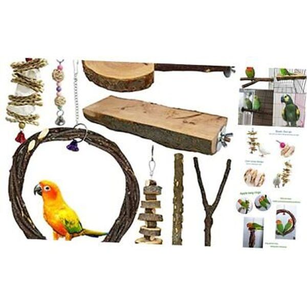 Wood Bird Perch Parrot Stand Platform Branches Parakeet Swing Chew Toys