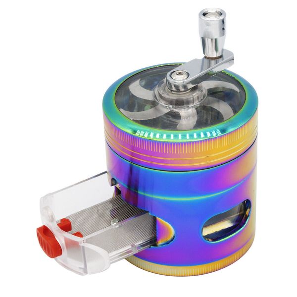 2.4" 4 PC Rainbow Tobacco Herb Spice Grinder W/ Handle Crank & Drawer Crusher