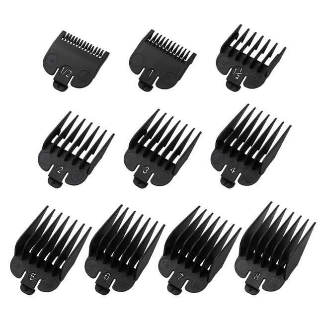 Clipper Guards Set Fits for Most Wahl Clippers and Babyliss FX870, Clipper Guides Replacement - 1/16" to 1", 10 Piece Set, Black Color