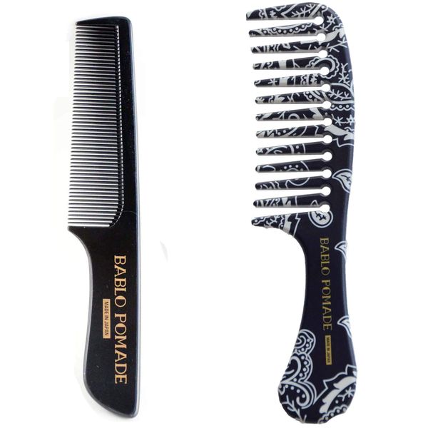 Bablo Pomade Wide Comb (Navy Blue Paisley Pattern) & Comb (Black) Set