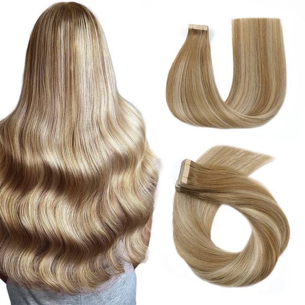 HotLulana Tape in Extensions Echthaar Balayage Hellbraun mit Goldblond(#10/10/22) Extensions Echthaar 18zoll/45cm 40g Skin Weft 100% Natürliche Invisible Tape Extensions Echthaar 20pcs.