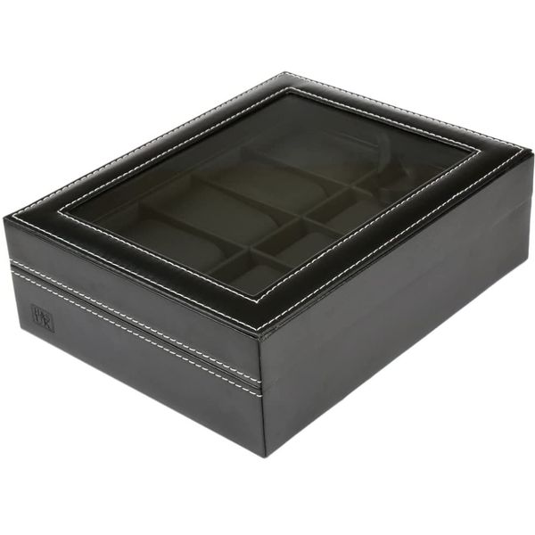 H&S Glass Lid 10 Watch Jewellery Display Storage Box Case - Faux Leather Black Watch Box For Men Women - Watch Display Case - Jewellery Box - Watch Organiser Box For Men - Mens Watch Storage Box