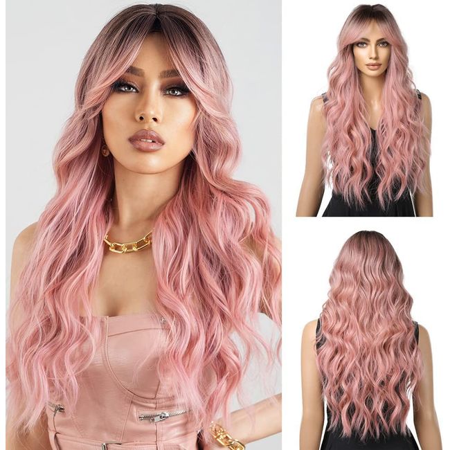 Esmee Long Wavy Pale Pink Wig For Women Bangs Wig Curly Synthetic Hair Natural Looking Heat Resistant Fiber For Daily Party Cosplay Wear