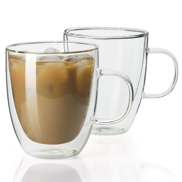 Sweese Double Wall Glass Coffee Mugs - 12.5 oz Insulated Clear Coffee Mugs Set of 2, Perfect for Espresso, Cappuccino, Latte, Americano, Tea Bag, Beverage