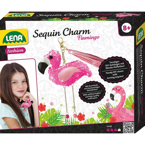 Lena 42659 Craft Set Sequin Charm Flamingo, Complete Set for 1 Sequins, Lucky Charm/Key Ring with Faux Leather Ribbon, Beads, Needle, Filling Wool and Instructions, Set for Children from 8 Years