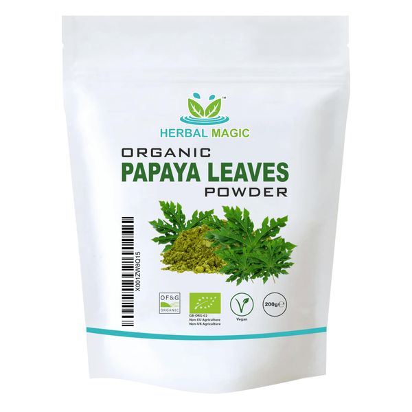 Herbal Magic's Organic Papaya Leaf Powder (Carica Papaya)- Most Prized Herb in Ayurveda - Ideal for Smoothies, Baking, soups - Free from Fillers & Preservatives- One Pack of 200gms