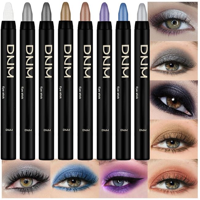 evpct 8Pcs Cream Eye Shadow Sticks Makeup Set for Eyes Waterproof, Pearl White Black Gray Khaki Royal Blue Vioiet Purple Silver Shimmer Glitter Eye Shadow Stick Liner Pencils Palette Makeup for women