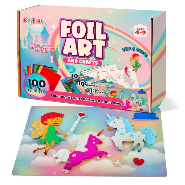 Playbees Foil Art Kit Unicorns & Princesses - Preschool Arts and Crafts Kit for Kids- No Mess Art for Boys & Girls Ages 4, 5, 6, 7, 8, 9 - DIY Creative Activity Art & Craft Activity