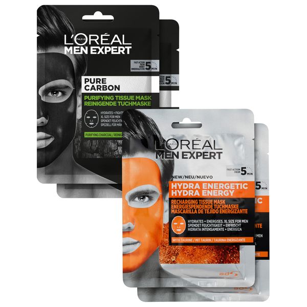 L'Oréal Men Expert Tuchmasken 4er Set für Männer, Feuchtigkeitsspendende Gesichtsmasken gegen Mitesser und Pickel Unreinheiten, Gesichtspflege Geschenkset für Herren, Hydra Energy Pure Carbon, 4 x 30g