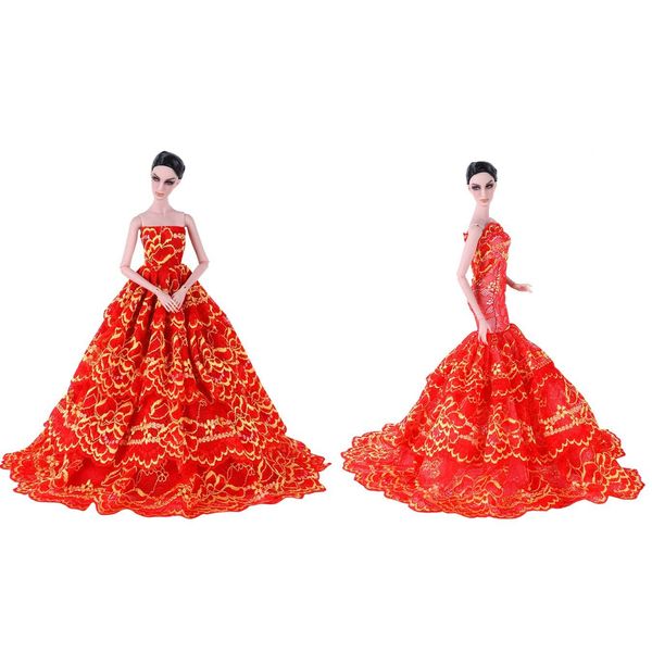 QueBan Doll Wedding Dress Gowns Evening Party Skirt Exclusive Clothes for 11.5 Inch Girl Dolls,Gift for Kids 3 to 8 Years Old(2 PCS ,Red&Gold)