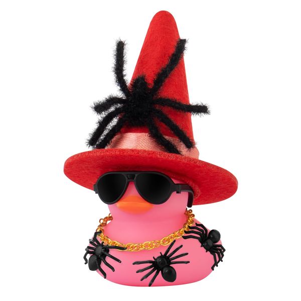 wonuu Car Dashboard Decorations Spiders Witch Rubber Ducks for Halloween, Duck for Office Desk Ornament Accessories with Hat, Glasses, Chain, Plush and Plastic Spider, Pink