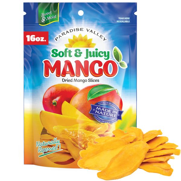 Dried Mango Slices - Delicious Texture Soft & Juicy Low Sugar Added Dried Mango - Naturally Ripened Mangos Dried Fruits - Gluten Free Dry Mangoes Natural Source of Vitamin C, Fiber, (16 Oz Dried Mango)