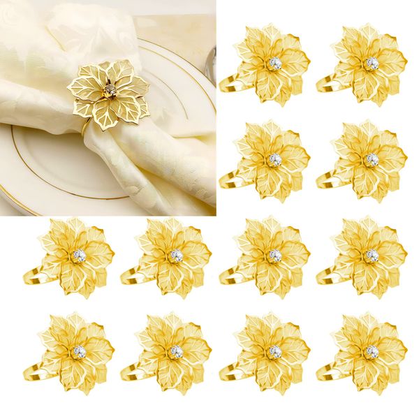 INCETUE Flower Napkin Rings Set of 12, Hollow Out Floral Napkin Holder Adornment Exquisite Household Napkins Rings Set Rhinestone Napkin Rings for Wedding Banquet Christmas Table Setting (Gold)