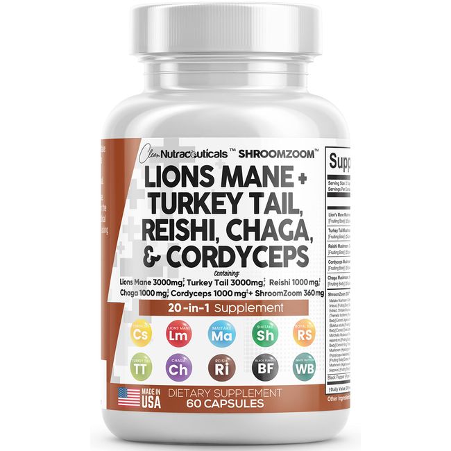 Lions Mane 3000mg 20in1 Mushroom Supplement with Turkey Tail 2000mg Reishi 1000mg Cordyceps Chaga 1000mg Maitake Meshima Poria Cocos Shiitake Oyster Porcini Enoki Cognitive, Energy, Focus Pills USA