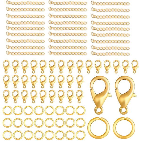 ZOCONE 400 pcs Jewellery Clasps Set, 100 Gold Lobster Clasps 200 Gold Jump Rings 100 Gold Bracelet Extender Chain for Jewellery Making Necklace Clasps Bracelet Connectors with Case for DIY Craft