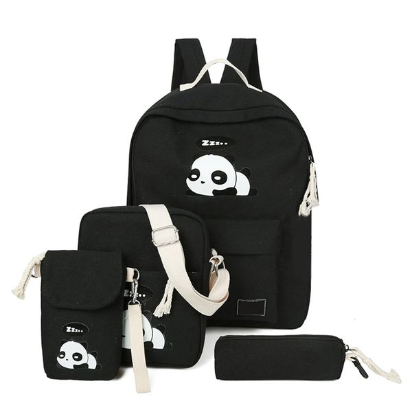 4Pcs Cute Panda Backpack Lightweight Casual Canvas Backpacks for Women