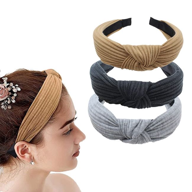 scicent Wide Headbands for Women 3 Packs Cute Fashion Hairbands in Solid Color Non-slip Hair Accessories for Daily Festival Gifts (Black,Khaki, Light Grey) - 02