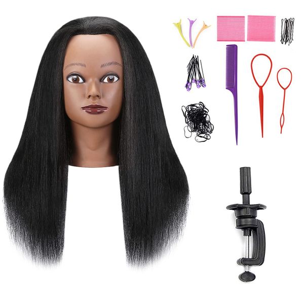 Armmu Mannequin Head with 100% Real Hair, 18" Hairdresser Cosmetology Mannequin Manikin Training Practice Doll Head with Free Clamp and 9 Tools for Hairstyling - Black