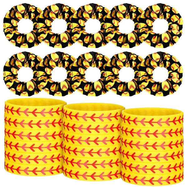 WILLBOND 20 Pcs Softball Volleyball Party Favors Set Include 10 Sport Hair Scrunchies Elastic Hairband Girl Hair Tie Sport Themed 10 Silicone Adjustable Charm Bracelet Teens(Softball Pattern)