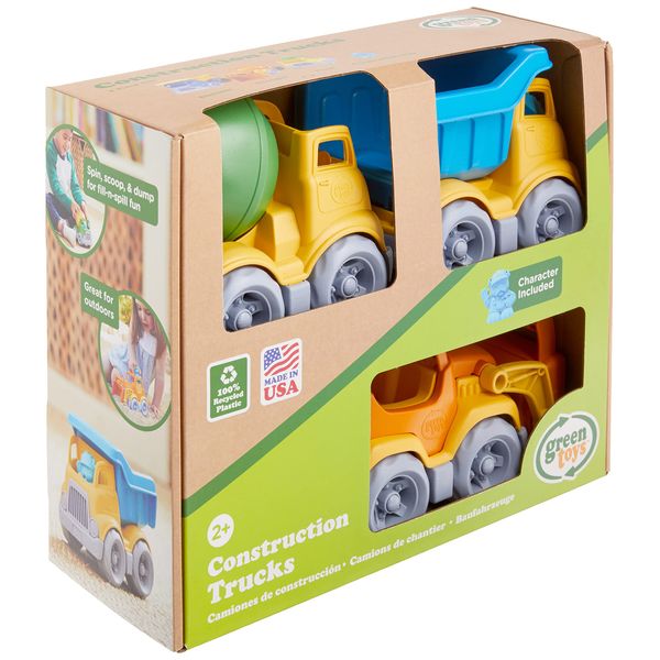 Green Toys Construction Vehicle Includes Scooper, Dumper, Mixer, 1 Character- 3 Pack - 4C