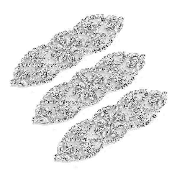 SAVITA 3 Pcs Rhinestone Appliques, 3.74x1.2 Inch Rhinestone Iron on Patches, Bling Crystal Applique, Wedding Appliques for Bride Clothes Belt Dress (Silver)