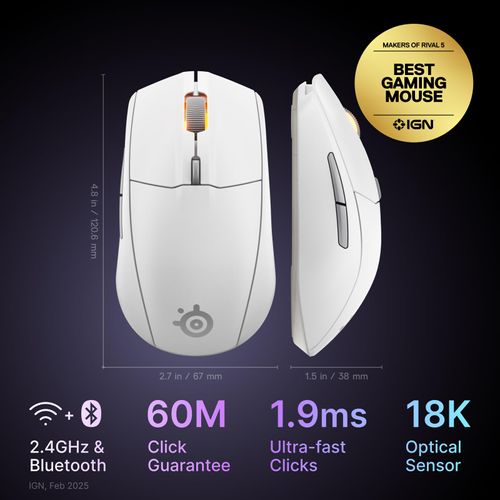 SteelSeries Rival 3 Wireless Gen 2 Gaming Mouse — 2.4GHz and Bluetooth — 18000 DPI TrueMove Air Optical Sensor — 60 Million Click Durability — Light-Weight — 100% PTFE Feet — White