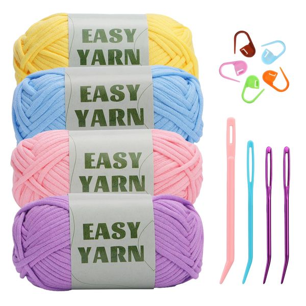 Beginners Crochet Yarn, 4 * 50g No Split Yarn, Chunky Cotton Yarn, Easy Knitting Yarn for Crocheting Knitting, Thick Bulky Cotton Yarn for Beginners(Pink + Purple + Blue + Yellow)