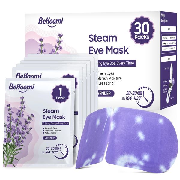 BeHoomi Steam Eye Mask, Heated Eye Mask Warm Compress for Eyes, Disposable Self Heating Moist Heat Eye Masks, Sleep Mask for for Home Office Travel, Stocking Stuffers (Lavender, 30 Packs)