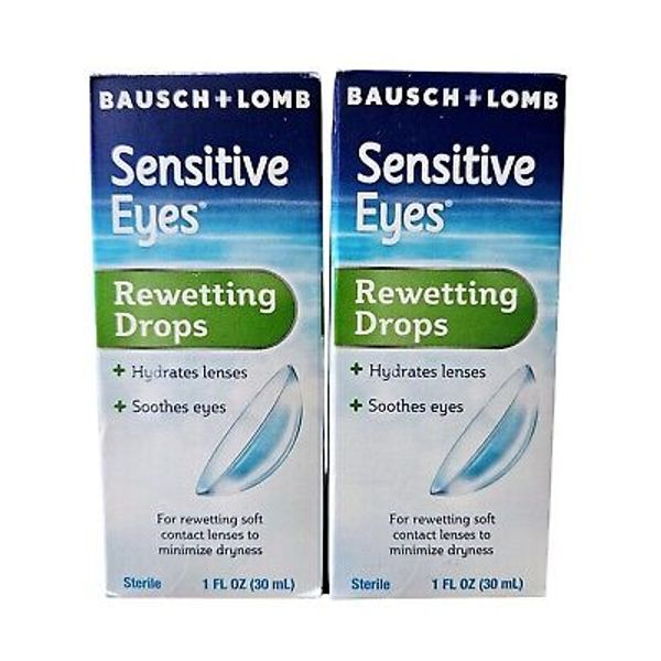 2 Bausch + Lomb Sensitive Eyes Rewetting Drops 1oz Each Contact Lenses