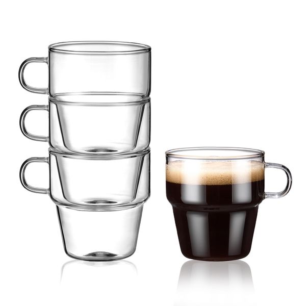 gegewawa Espresso Cups Set of 4, Stackable Espresso Cups 4.3oz, High Borosilicate glass coffee cups, Espresso Machine Accessories