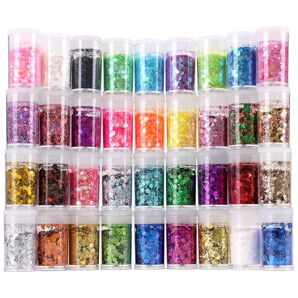 Chunky and Fine Glitter Mix, Estanoite 36 Colors Chunky Sequins & Fine Glitter Powder Mix, Iridescent Glitter Flakes, Cosmetic Makeup Glitter for Face Body Eye Nail Art, Loose Glitter for Resin Epoxy