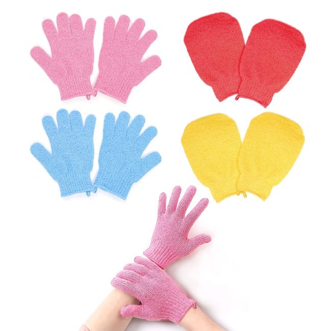 4 Pairs of Exfoliating Gloves, Both Styles Shower Gloves with Hanging Hoop, Body Scrub Exfoliator for Adults and Kids, 4 Colours