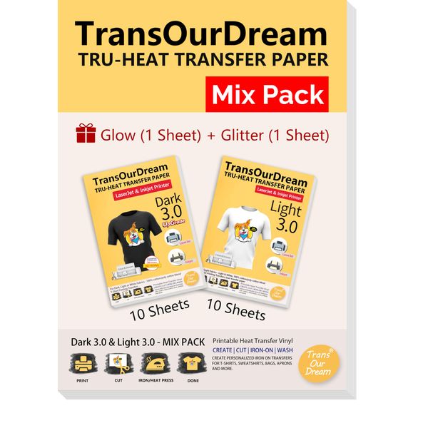 TransOurDream Iron on Heat Transfer Paper for Dark and Light T Shirts (Mix Pack, 22 Sheets, 8.5x11") Printable HTV Heat Transfers Vinyl for Laserjet & Inkjet Printers (D3L3)