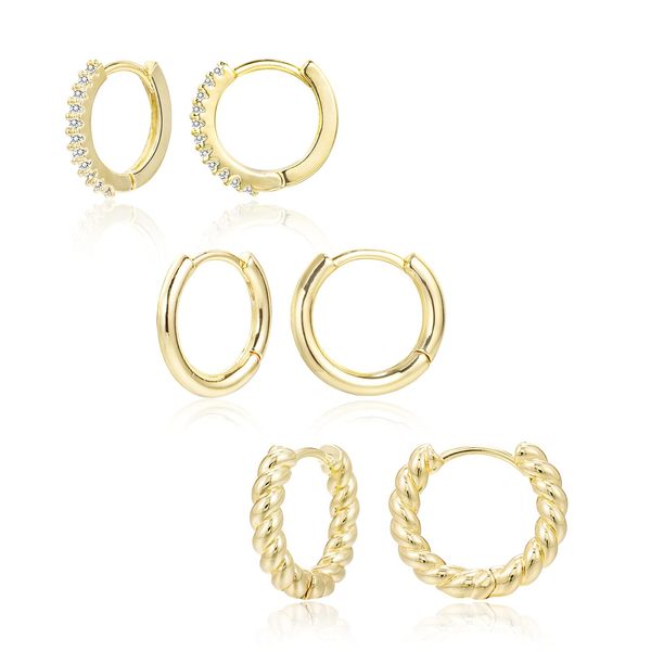 Gold Earrings Small Hoop Set For Women, 3 Pairs Small Huggie Earrings Sterling Silver Earrings Set Cubic Zirconia Twisted Hypoallergenic Cartilage Sleeper Small Mini Hoop For Women Girls