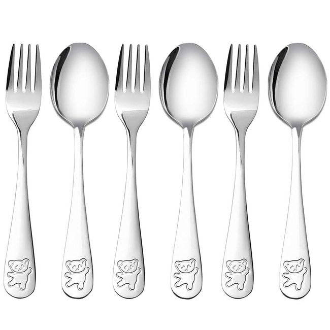 Haskoss Stainless Steel Child Safety Cutlery Bear Kids Spoon and Fork Set Infant Supplies Metal Cutlery Set Dishwasher Safe Service for 2