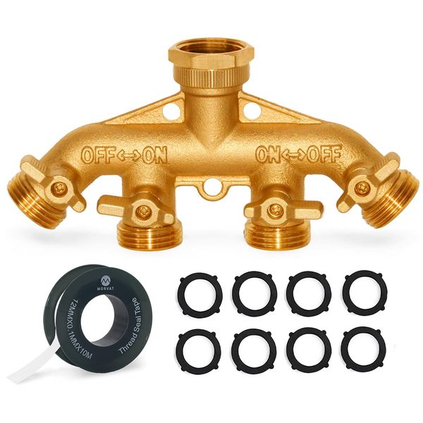 Morvat New & Improved Heavy Duty Brass 4 Way Splitter, Garden Hose Manifold Connector with Comfort Grip ON/OFF Valves, Adapter for Water Faucet & Spigot, Includes Washers, Teflon Tape & Mounting Kit