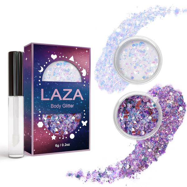 Laza Body Glitter, 2 Jars Iridescent Chunky Sequins with Glitter Glue for Women Eyeshadow Makeup Face Paint Festival Rave outfits Hair Concert Accessorie Carnival Party Costumes - Fantasy Purple White