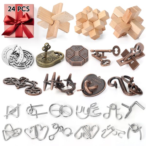 Seenelling 24Pcs Brain Teaser Puzzles Wooden and Metal Cast 3D Unlock Interlocking Puzzles Gift IQ Educational Smart Puzzle Toys for Teens Adult Puzzles(Classic Style)