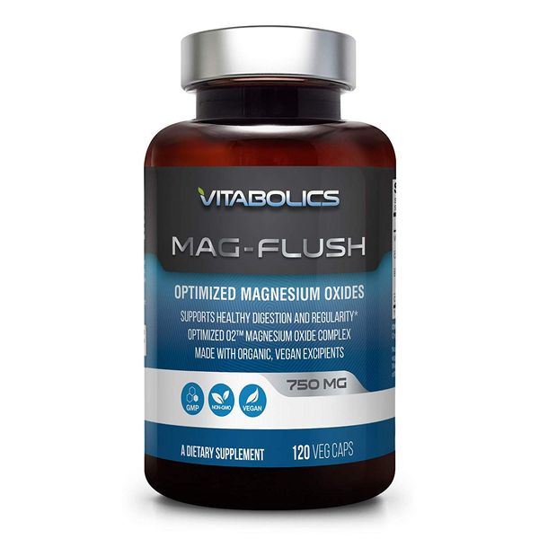 Vitabolics Mag Flush Magnesium Oxide Capsules 750mg 120 Vcaps - Oxygenated Magnesium Oxide Supplement for Constipation Relief, Colon Cleanse, Laxative and Digestion Support for Women and Men