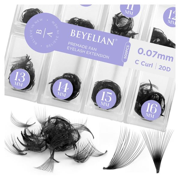 BEYELIAN 500 Fans Premade Fans Eyelash Extensions 0.07mm 20D C Curl Volume Lash Extensions Pre Made Fans Lash Extensions Handmade Promade Loose Fans Thin Base 9-16mm Mixed