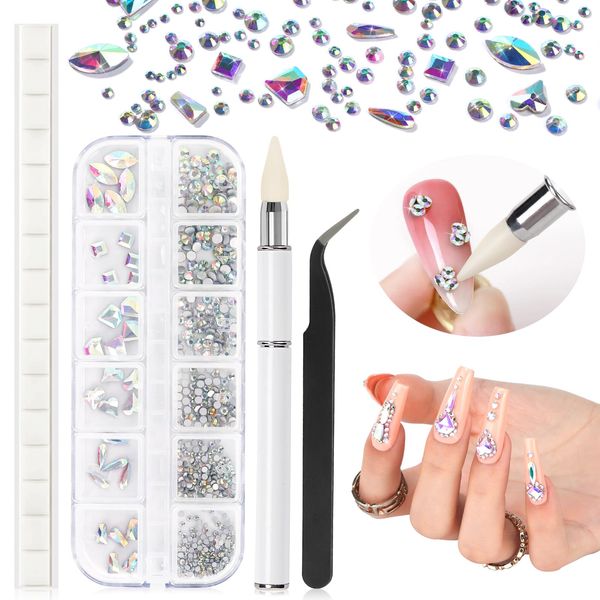 SAVILAND K9 Rhinestones for Nails: Premium K9 Nail Rhinestones Cute Nail Charms Gems Rhinestones for Nails,Pick Up Tweezers and Dual-Head Rhinestone Picker Dotting Pen with Adhesive Putty For Nail Art